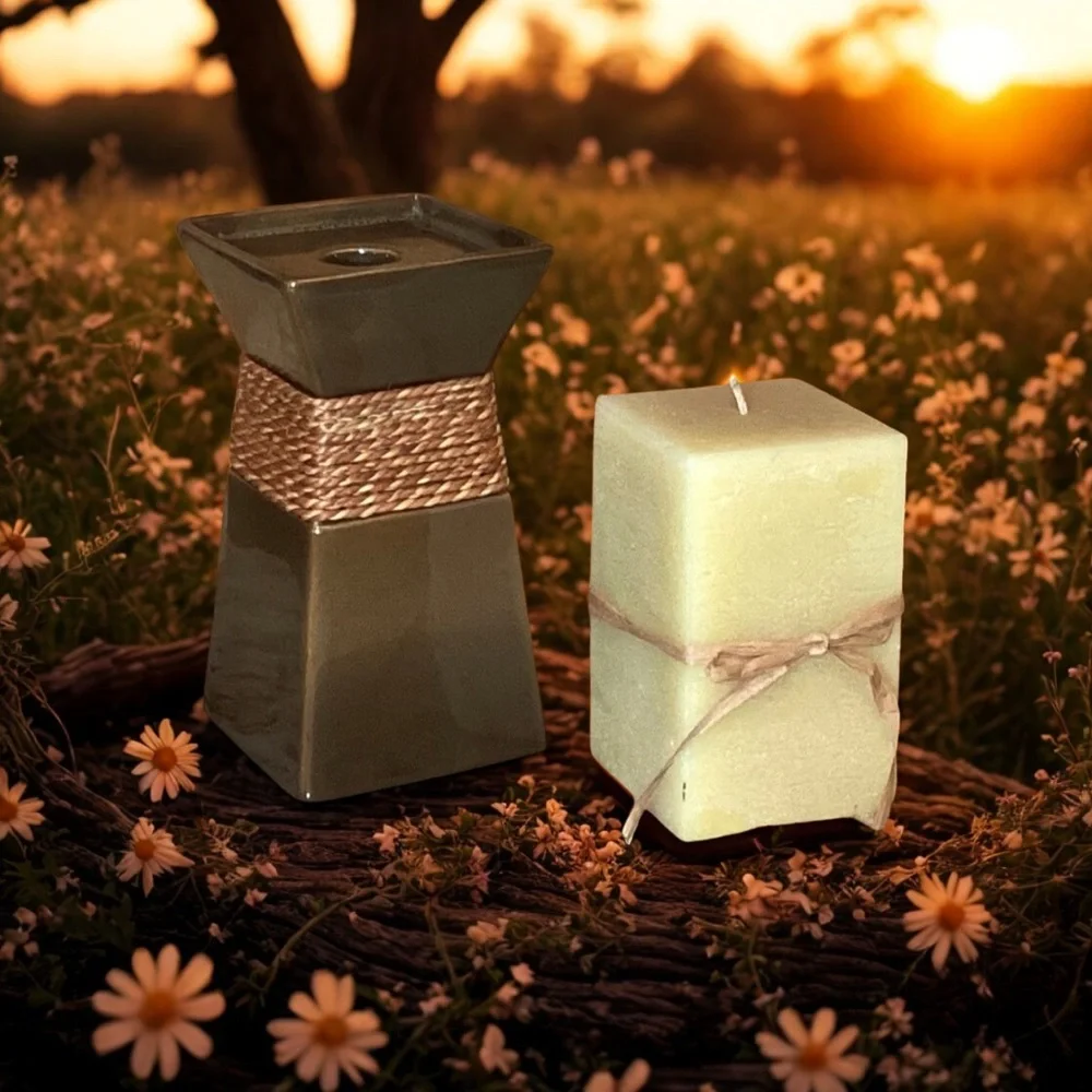 PARTYLITE RUSTIC SQUARE CERAMIC 7” CANDLE HOLDER WITH 2 FRENCH VANILLA CANDLES - Picture 3 of 4